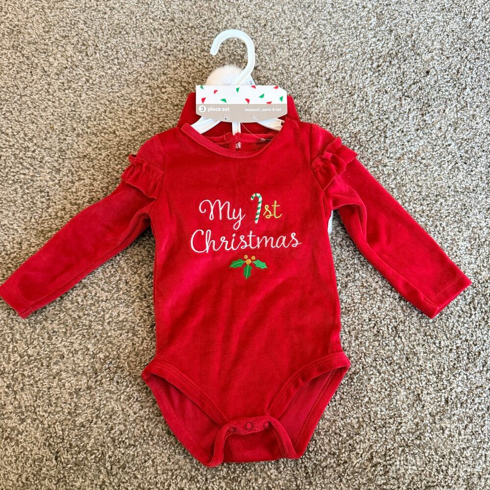 My First Christmas Onesie Santa Hat Velvet New Baby Size 12 Months
